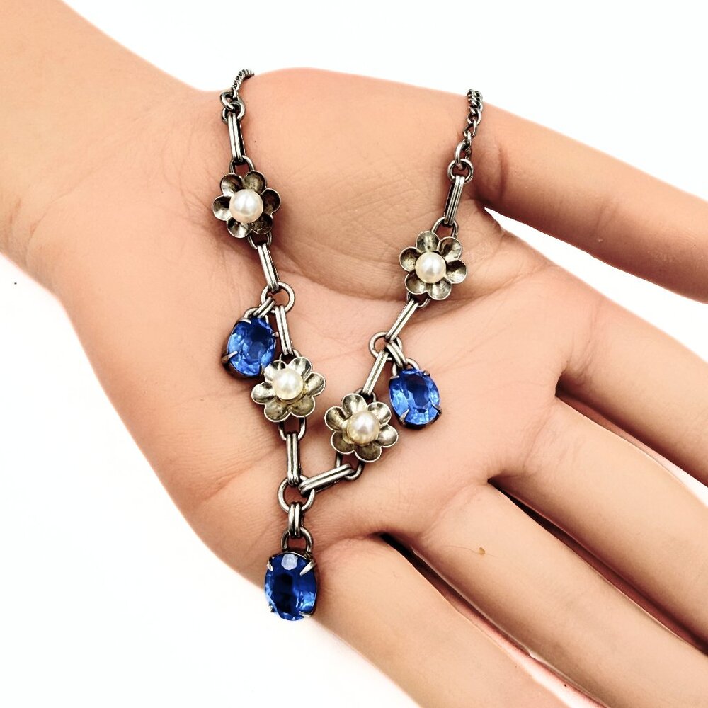 Antique Art Deco Marked WRE Sterling Silver Blue Glass Faux Pearls Necklace